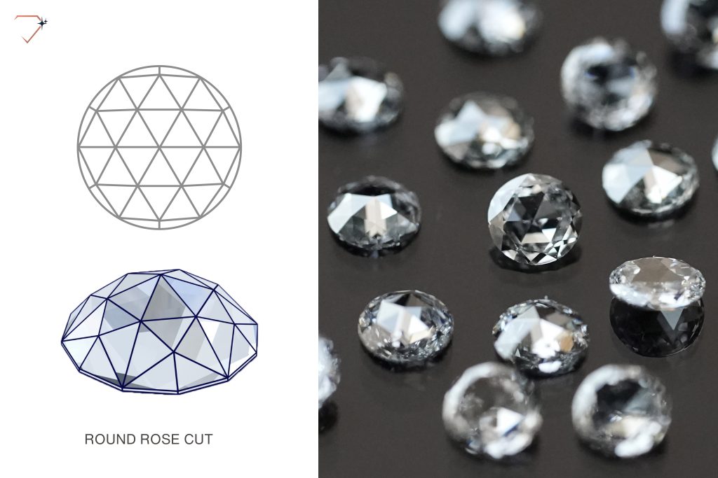 Rose cut diamond faceting map and polished stones on the right
