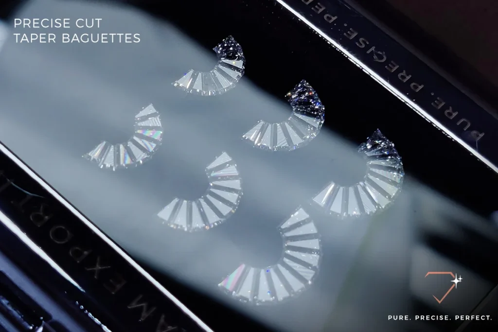 Precise and calibrated taper cut naturals diamonds for dangler earrings.